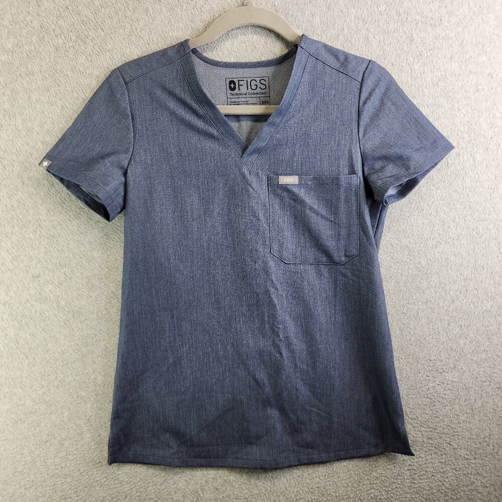 Figs Scrub Top Womens XXS Heather Denim Gray Slim Fit Catarina One Pocket